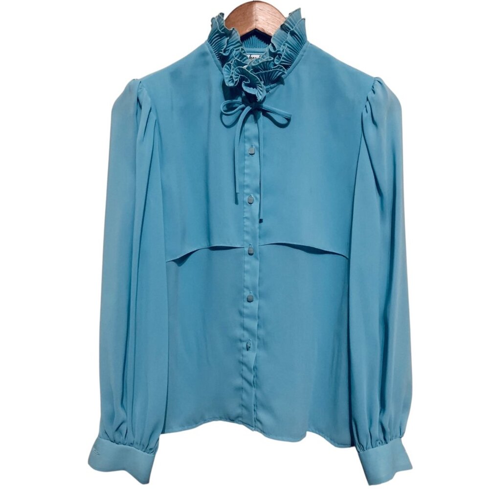 VTG Jo Hardin  Top‎ Straight-Ruffled Collar Button-Up Blue Steampunk Made in USA